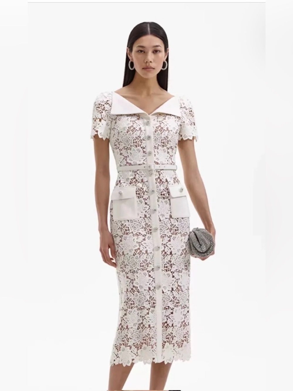 Self-Portrait Ivory Floral Lace Midi Dress with Contrast Collar